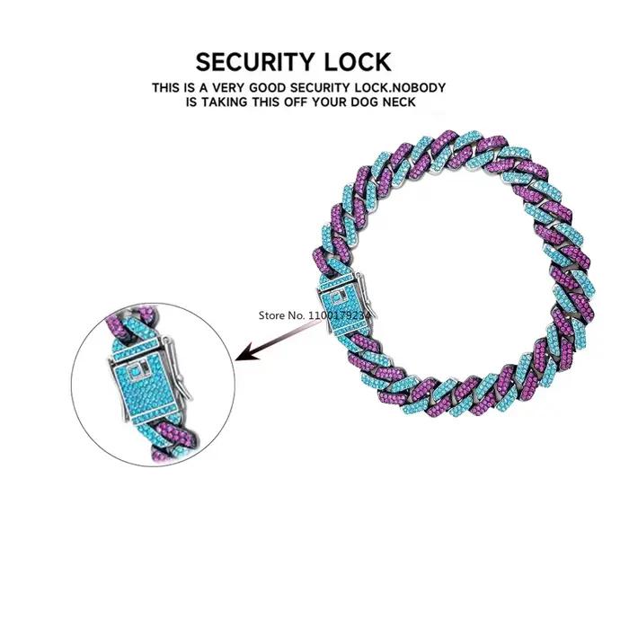 Collier cubain bicolore bleu aqua et violet foncé de 14 mm avec fermoir de sécurité en zircon, longueur personnalisable pour chiens Border Collie de taille moyenne à grande