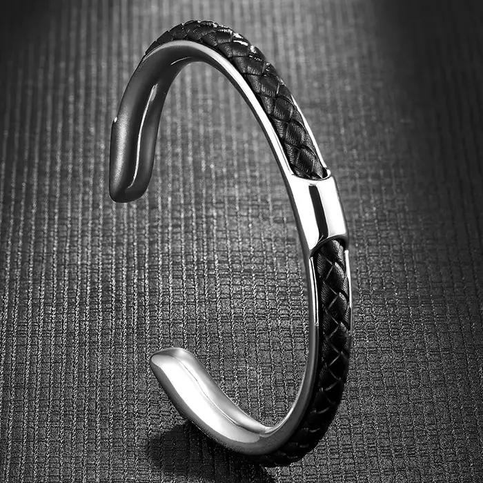 MKENDN classique hommes en acier inoxydable tissé en cuir manchette Bracelet Bracelets mode minimaliste bijoux Pulseras amoureux cadeau