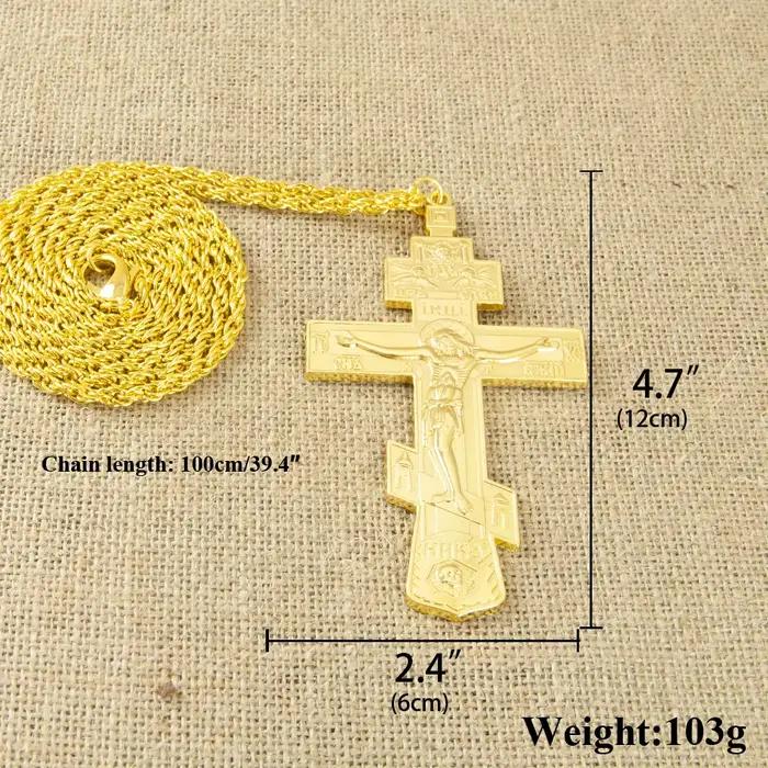 Collier croix orthodoxe à trois branches plaqué or avec crucifix gravé bijou chrétien traditionnel pour homme femme occasions spéciales