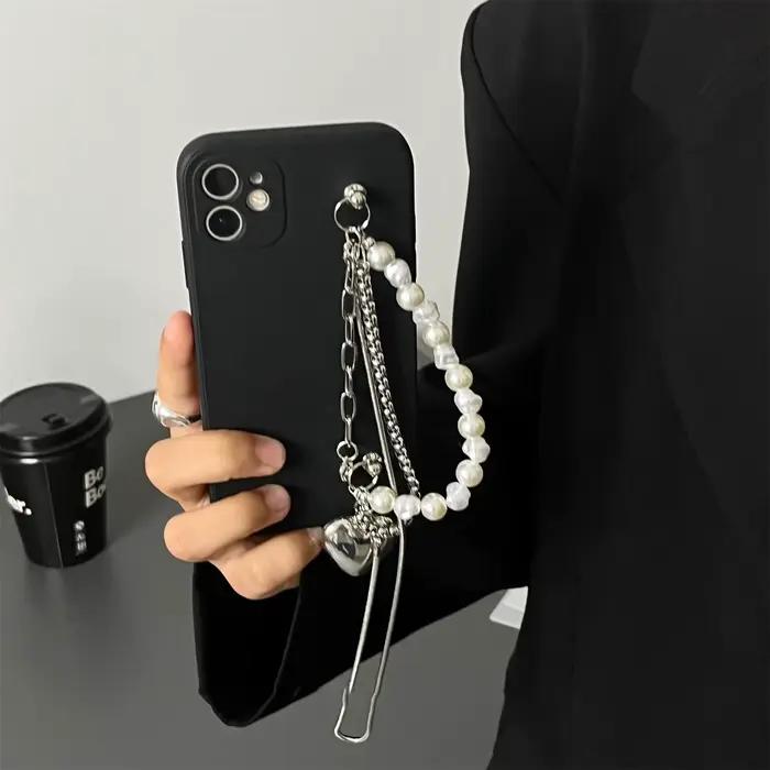 Collier avec lanière à bandoulière coréenne, sangle d'épaule argentée, étui de téléphone noir pour iPhone 17 16 15 14 13 12 Pro Max, couverture avec chaîne