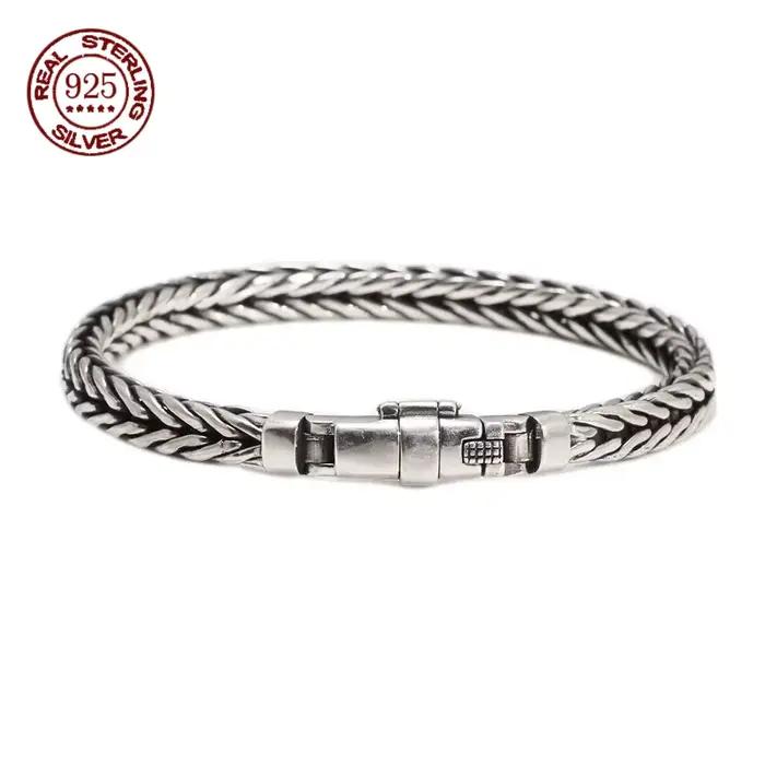 Bracelets en argent massif S925 pour hommes et femmes, tissés à la main, Style rétro dominateur, quille de personnalité, bijoux cadeau