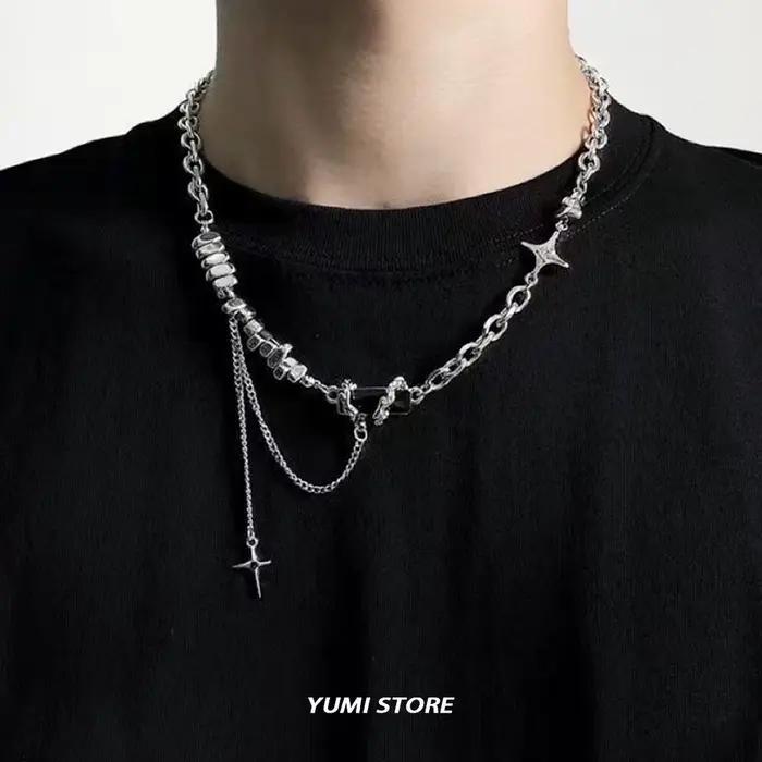 Collier étoile noire en acier titane pour hommes et femmes, tendance, pendentif croix, chaîne de pull, Hip Hop, Kpop, bijoux, accessoires masculins