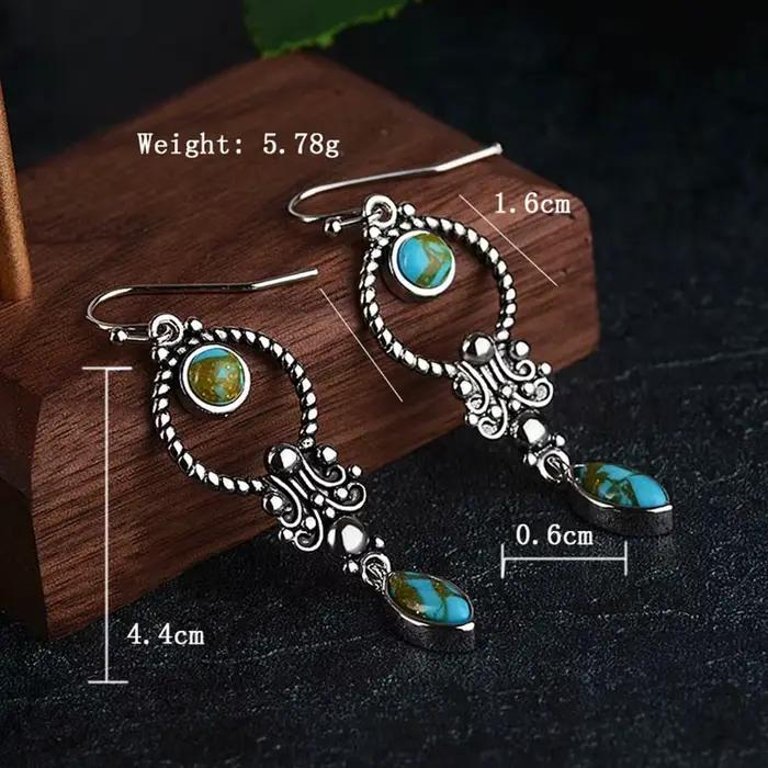 JoiasHome-Boucles d'Oreilles sulfTurquoise Incrustées pour Femme, Argent Sterling 925, Style Ethnique Thaïlandais, Cadeaux de Mariage Vintage