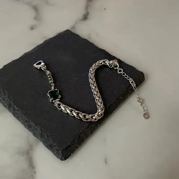 ANENJERY couleur argent vert carré Zircon épais Thain Bracelet femme Vintage fait à la main Thai argent bijoux