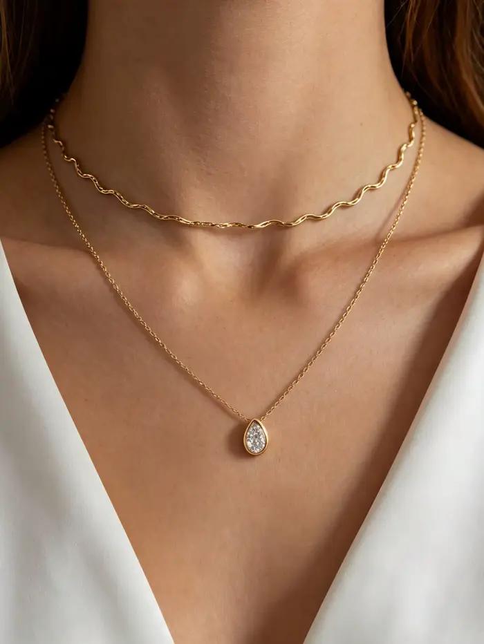 Collier double couche goutte d'eau en zircon, élégant, pour femme, en acier inoxydable plaqué or 18 carats