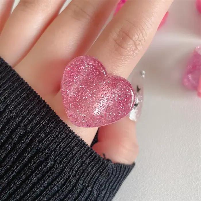 Bague Géométrique en Résine Rose pour Femme et Fille, Anneau Coloré en Acrylique, Ours, Nministériels d Papillon, Cœur, Accessoires de Bijoux