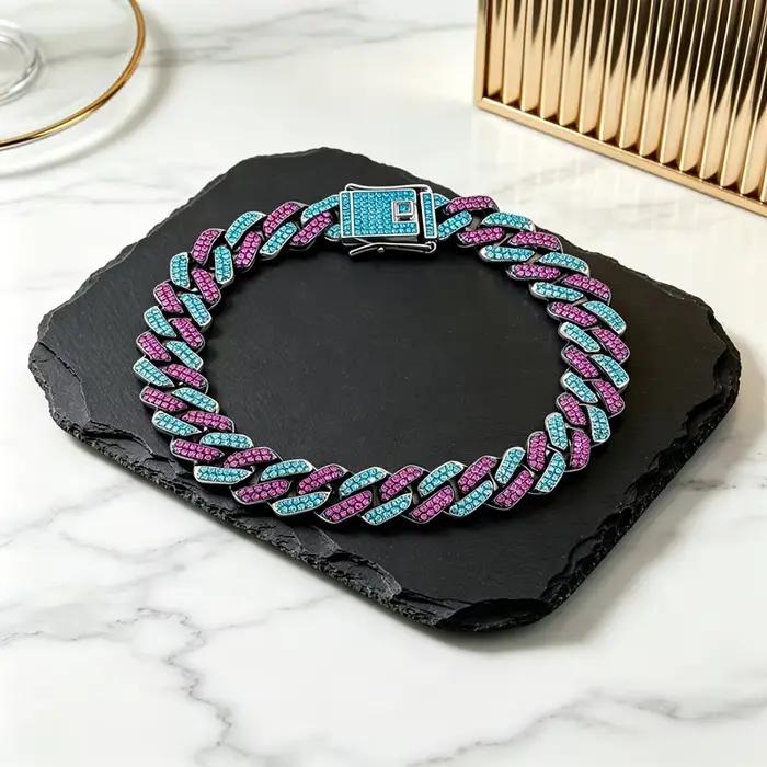 Collier cubain bicolore bleu aqua et violet foncé de 14 mm avec fermoir de sécurité en zircon, longueur personnalisable pour chiens Border Collie de taille moyenne à grande