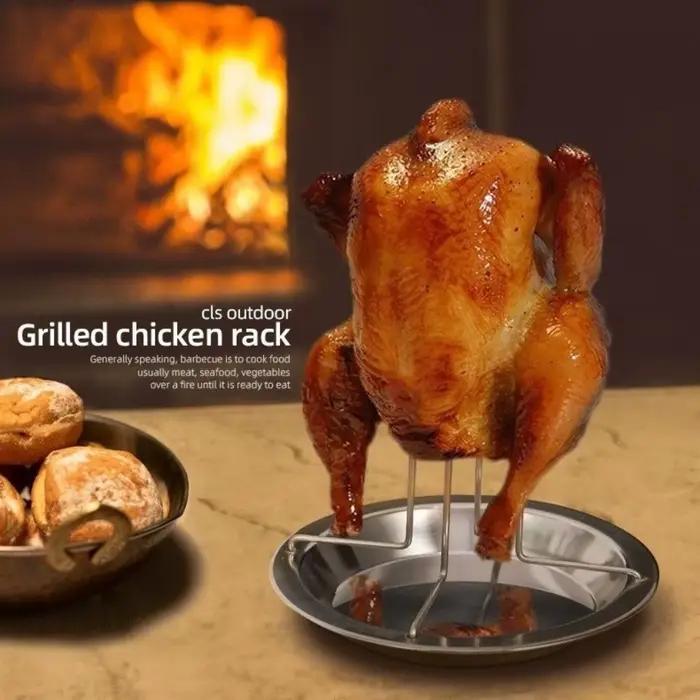 Support de gril à rôtir avec bol, support de rôtissoire pour poulet, outils de cuisine pour barbecue en plein air, support antiadhésif pour poulet grillé en acier inoxydable