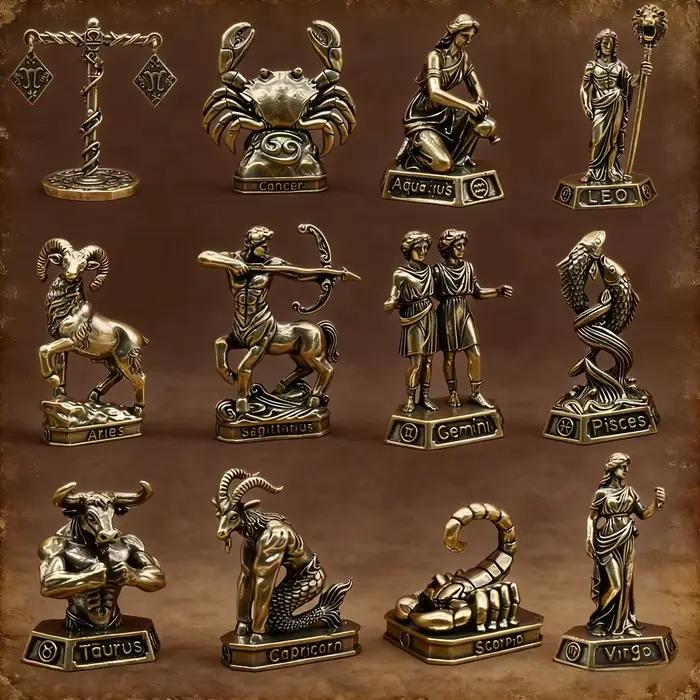Signes du zodiaque en laiton faits à la main - Statues de constellations vintage, objets de collection pour la décoration de la maison/du bureau