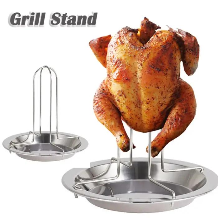 Support de gril à rôtir avec bol, support de rôtissoire pour poulet, outils de cuisine pour barbecue en plein air, support antiadhésif pour poulet grillé en acier inoxydable