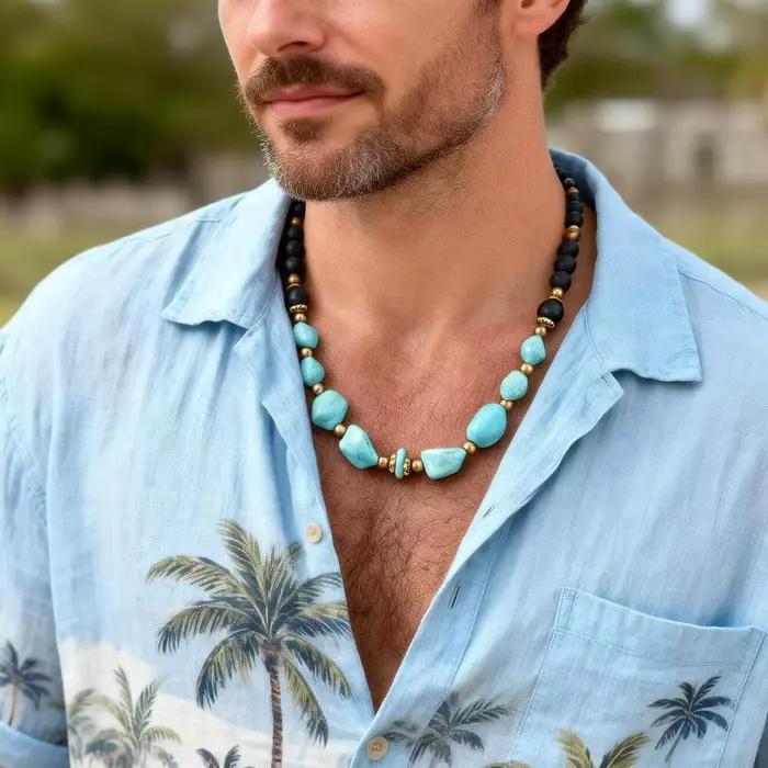 Collier vintage en perles turquoise pour hommes et garçons, colliers ethniques en pierres naturelles irrégulières, bijoux bohèmes d'été, cadeau