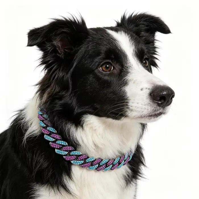 Collier cubain bicolore bleu aqua et violet foncé de 14 mm avec fermoir de sécurité en zircon, longueur personnalisable pour chiens Border Collie de taille moyenne à grande