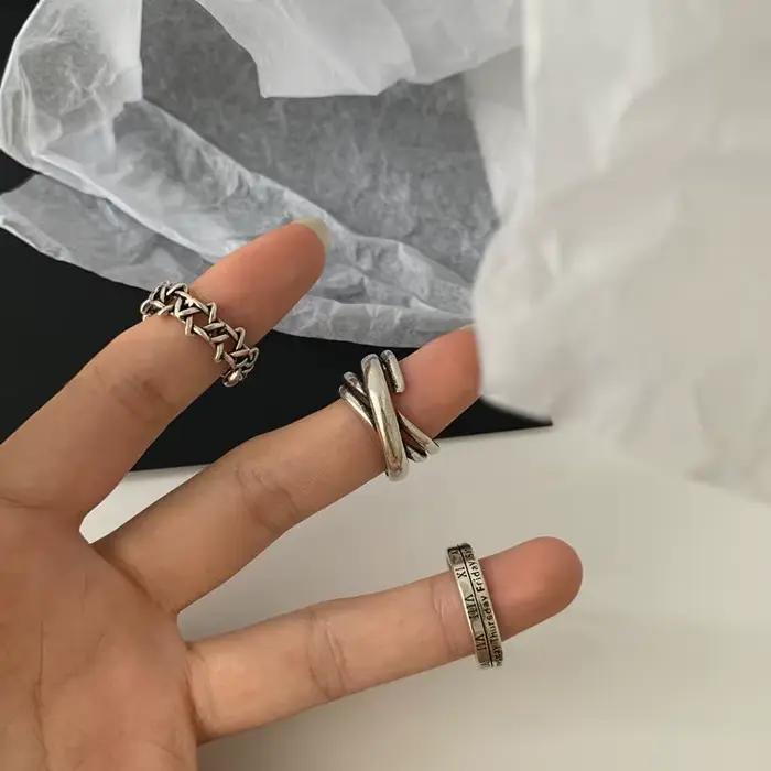 Bague de bénédiction en argent réglable pour hommes et femmes, bague de document, hip-hop, rétro, vintage, étoile, caractères chinois, croix, visage souriant