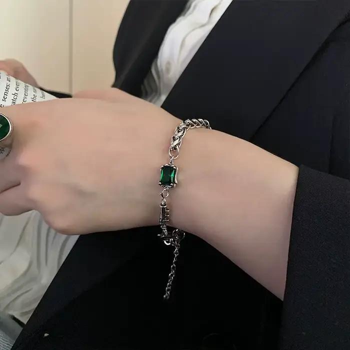 ANENJERY couleur argent vert carré Zircon épais Thain Bracelet femme Vintage fait à la main Thai argent bijoux