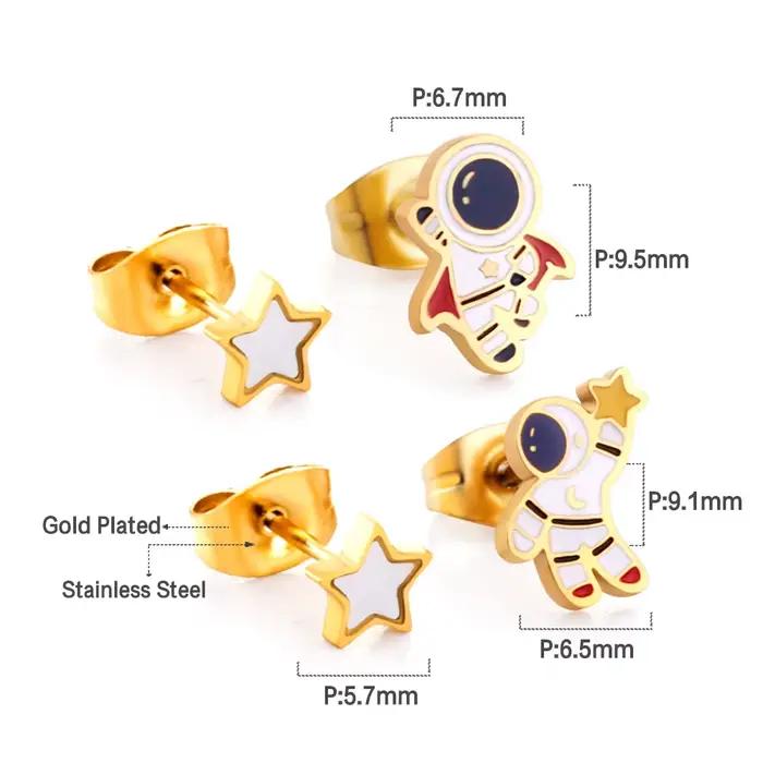 LUXUSTEEL 2 Paires Nouvelles Boucles d'Oreilles Clous Petites Forme Astronaute Étoile Bijoux Tendance Brinco Pendientes Mujer Couleur Dorée Pour Fête