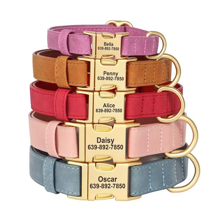 Collier pour chien personnalisé en cuir PU colliers pour chiens collier pour animaux de compagnie personnalisé réglable pour petits, moyens et grands chiens bouledogue carlin rose