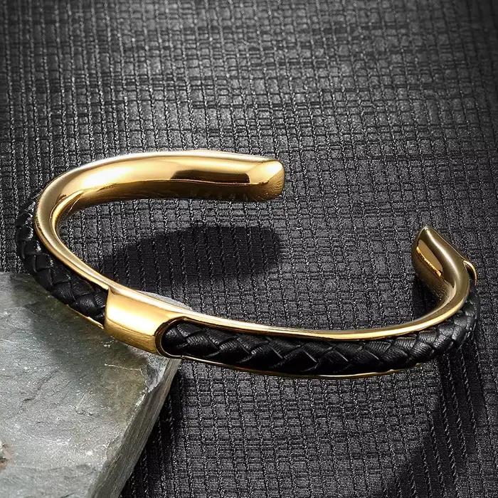 MKENDN classique hommes en acier inoxydable tissé en cuir manchette Bracelet Bracelets mode minimaliste bijoux Pulseras amoureux cadeau