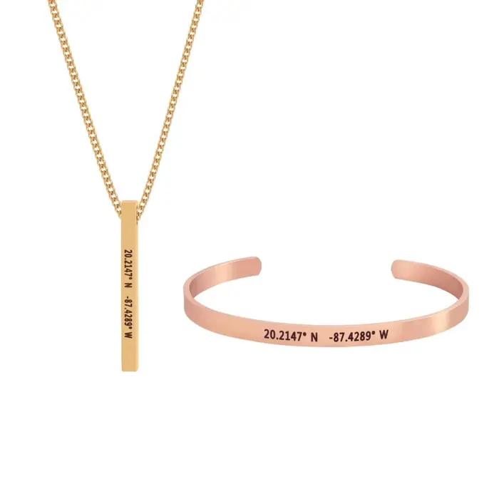 Ensemble de bijoux personnalisés avec nom gravé, collier, manchette, Bracelet, pour femmes et hommes, en acier inoxydable, pour Couples, cadeau de mariage
