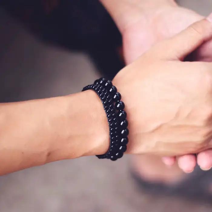 Bracelet en obsidienne tressé Double couche pour hommes
