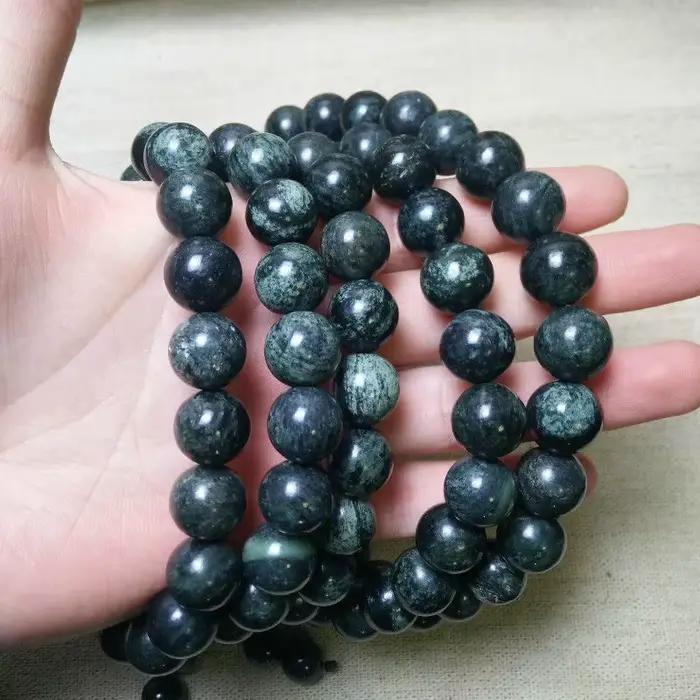 Collier de jade tibétain naturel, chaîne de perles en pierre du roi médicinal, jade vert foncé, bijoux de style ethnique.