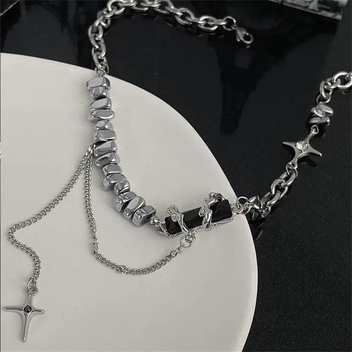 Collier étoile noire en acier titane pour hommes et femmes, tendance, pendentif croix, chaîne de pull, Hip Hop, Kpop, bijoux, accessoires masculins