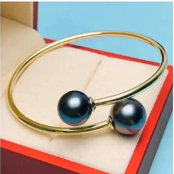 Magnifique bracelet de perles rondes noires naturelles de Tahiti, géant AAAA, 11-10mm, or 14 carats P, 7.5-8 pouces