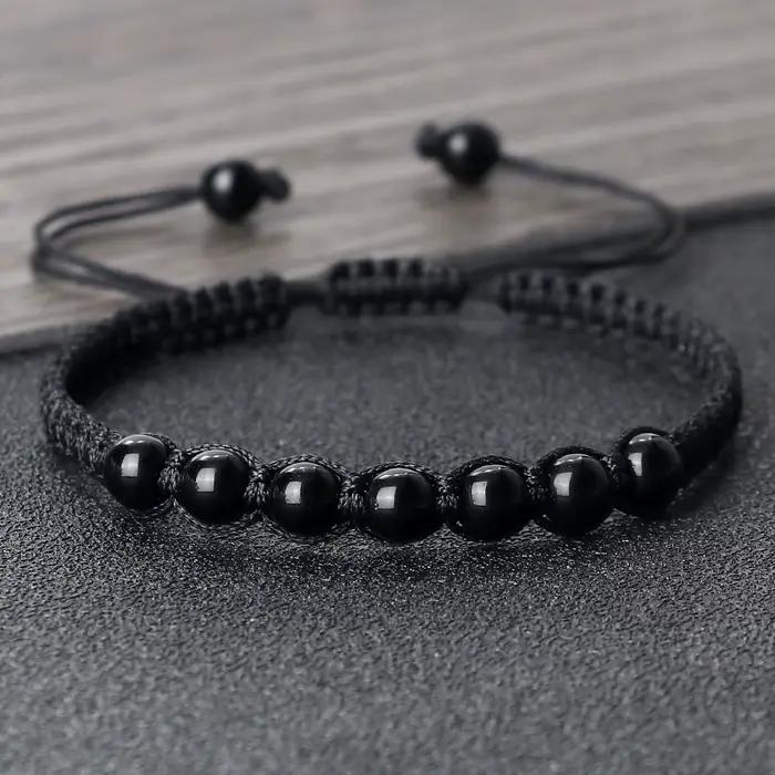 Bracelet noir en pierre naturelle Onyx pour hommes, perles de lave tressées, chaîne en corde réglable, bijoux faits à la main à la mode