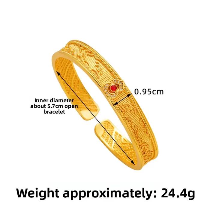 Bracelet manchette ouvert en or massif 24K AU999, motif nuage filigrané Ruyi, avec gemme rouge, unisexe, vintage, pour homme, femme, couple, bijou porte-bonheur, cadeau de mariage