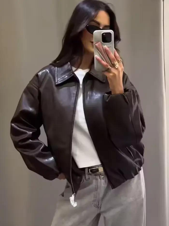 Veste bombardier en Faux cuir pour femmes, manches longues, Chic, vêtements d'extérieur, élastique, fermeture éclair en PU, Vintage, décontracté, manteau à col rabattu
