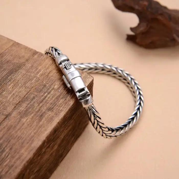 Bracelets en argent massif S925 pour hommes et femmes, tissés à la main, Style rétro dominateur, quille de personnalité, bijoux cadeau