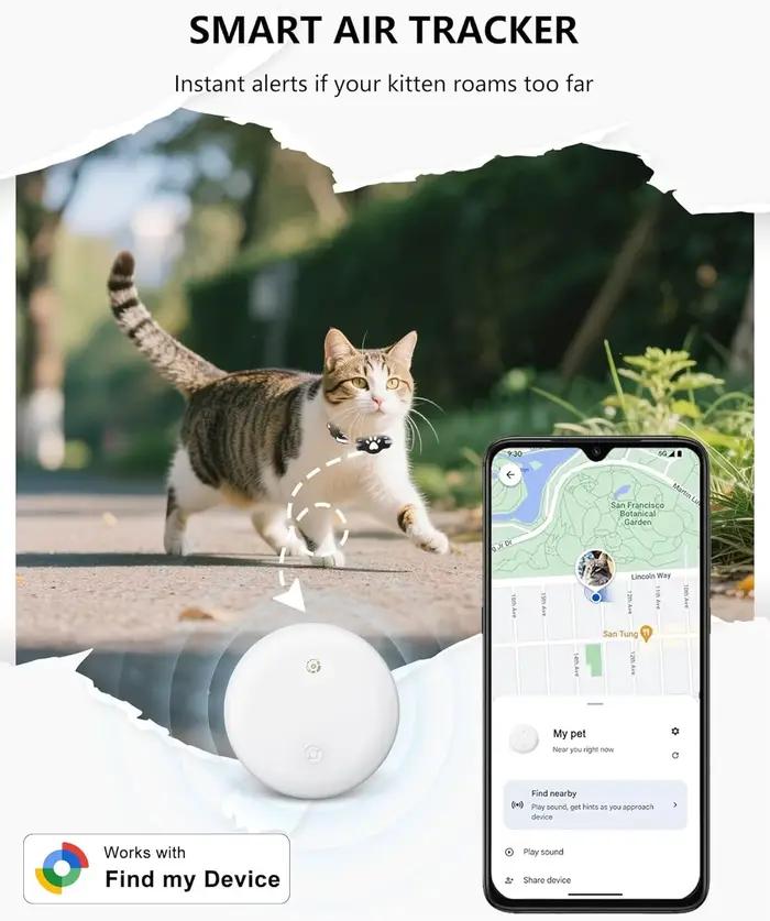 Traceur GPS pour animaux de compagnie à distance, étanche, alerte de mouvement, collier anti-perte, localisateur mondial pour chien et chat, compatible avec l'application Google Find My pour Android