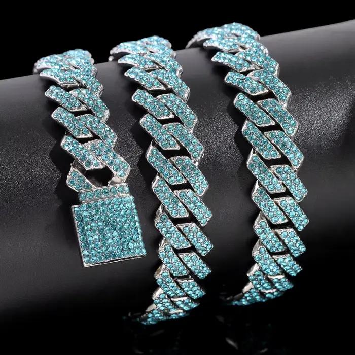 Collier chaîne cubaine pour hommes et femmes, chaîne à maillons sertie de strass bleus, bijoux hip-hop bling-bling