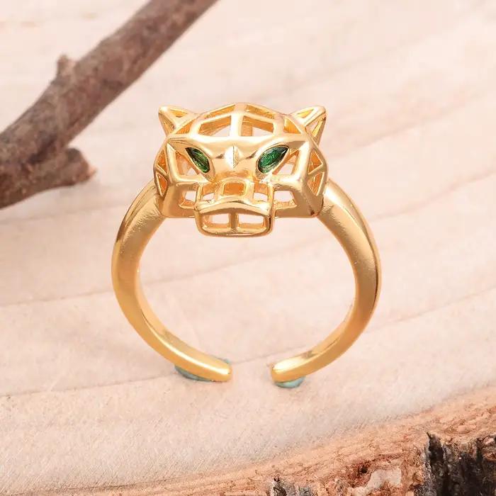 Bague chic plaquée or en forme de panthère, taille fixe avec yeux en cristal vert, bijou tendance tête d'animal pour elle