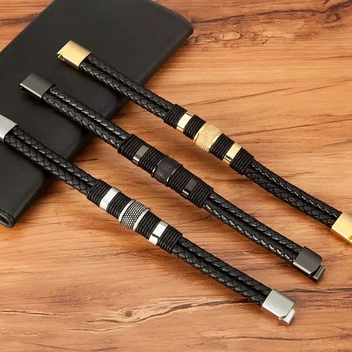 Bracelet en cuir tissé pour hommes, Style spécial, classique, en acier inoxydable, Design Double couche, 21cm