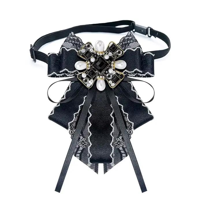 Épingles de col de chemise vintage en perles noires et strass avec nœud papillon pour femmes, avec long ruban en dentelle, accessoire de bijouterie élégant