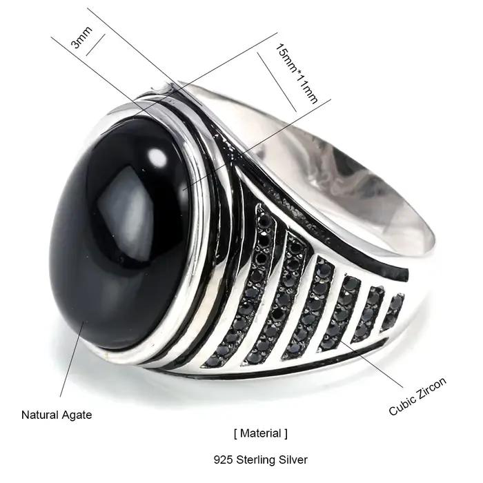 Bague vintage en argent 925 pour homme, bijou en pierre naturelle, onyx noir, dinde
