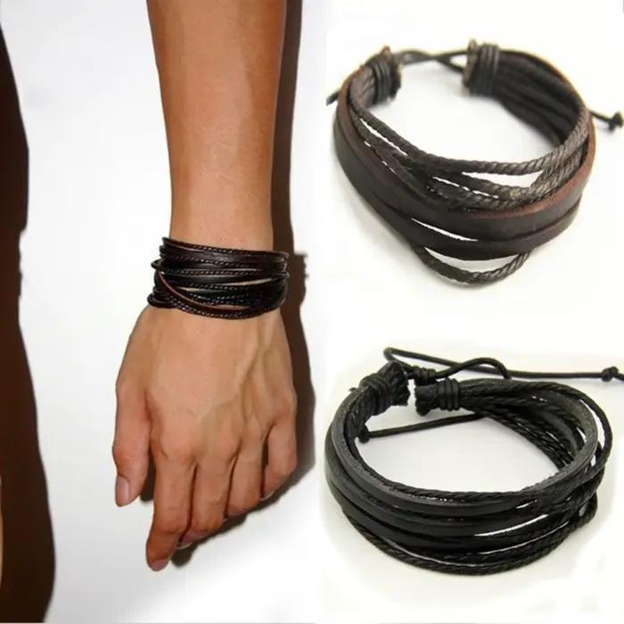 Bracelet en cuir tressé à la main, style décontracté, multi-couches, à lacets, pour homme