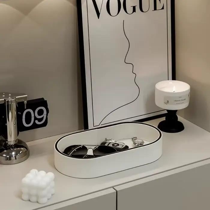 Boîte de rangement en cuir PU pour décoration de salon, boîte de rangement de bijoux d'entrée de maison, plateau divers de cosmétiques de bureau pour la maison