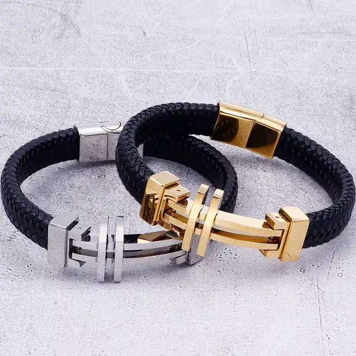 Bracelet Tressé en Cuir group pour Homme, Manchette Ronde en Acier Inoxydable, avec Fermeture Magnétique, Bijoux en Croix à Graver