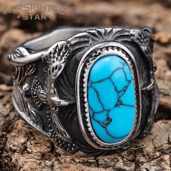 Bague en acier inoxydable avec pierres précieuses, turquoise tendance, pour homme, style punk, cadeau idéal pour petit ami, livraison directe