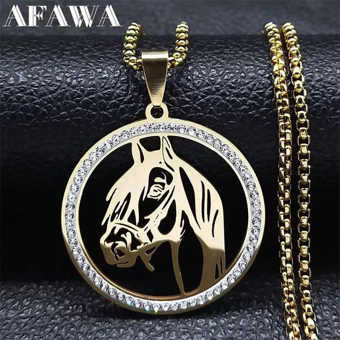 Collier pendentif tête de cheval pour hommes et femmes, en acier inoxydable, chaîne animale en cristal, accessoires de cheval, bijoux colar masculino