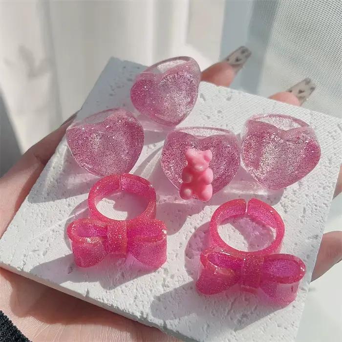 Bague Géométrique en Résine Rose pour Femme et Fille, Anneau Coloré en Acrylique, Ours, Nministériels d Papillon, Cœur, Accessoires de Bijoux
