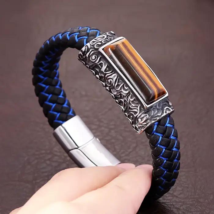 Bracelet en pierre marron œil de tigre vintage pour hommes, bracelets de gravure en cuir punk en acier inoxydable, bijoux amulette à la mode, vente en gros