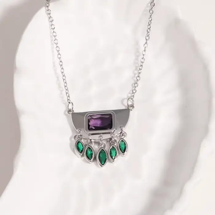 Collier avec pendentif à pampilles en Zircon ovale vert demi-rond en acier inoxydable pour femmes, usage quotidien, chaîne de cou à la mode, bijoux imperméables