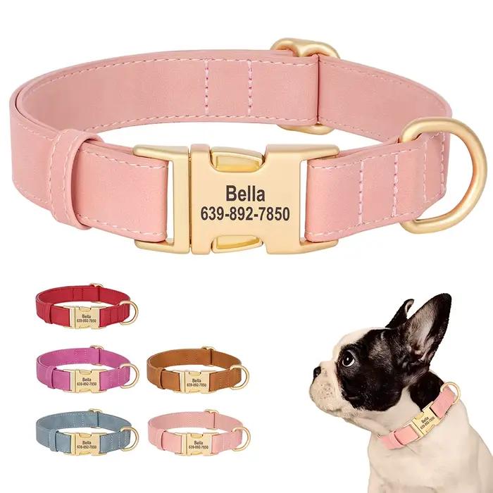 Collier pour chien personnalisé en cuir PU colliers pour chiens collier pour animaux de compagnie personnalisé réglable pour petits, moyens et grands chiens bouledogue carlin rose