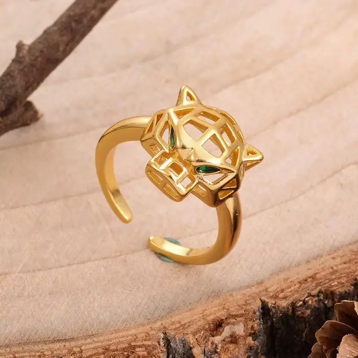 Bague chic plaquée or en forme de panthère, taille fixe avec yeux en cristal vert, bijou tendance tête d'animal pour elle