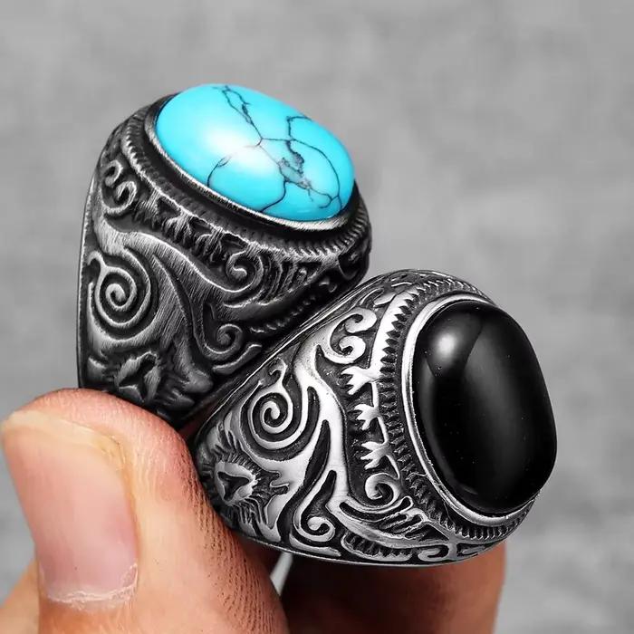 Bagues Vintage en acier inoxydable pour hommes et femmes, sculptées en Turquoise noir, Punk Rock, accessoires de bijoux de luxe à la mode, cadeau, vente en gros