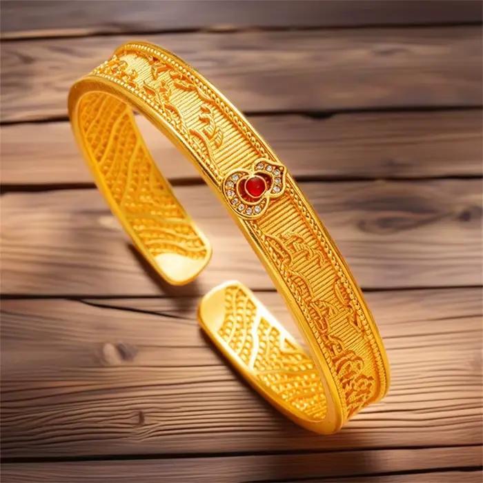 Bracelet manchette ouvert en or massif 24K AU999, motif nuage filigrané Ruyi, avec gemme rouge, unisexe, vintage, pour homme, femme, couple, bijou porte-bonheur, cadeau de mariage