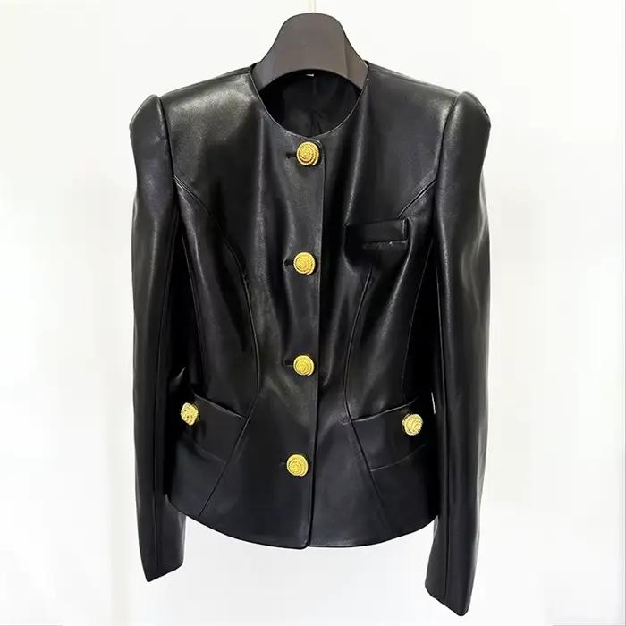 Veste en cuir femme nouveau automne 2025 simple boutonnage coupe ajustée col rond haut à manches longues en cuir artificiel PU manteau femme