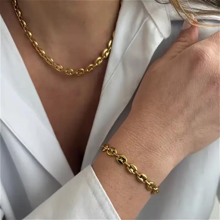Ensemble collier et bracelet en acier inoxydable de luxe pour hommes et femmes, bijoux vintage plaqués or 18 carats en forme de nez de cochon